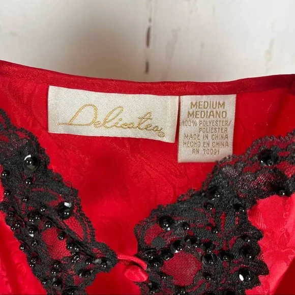 Vintage red satin teddy lingerie bodysuit with black lace & beads. Medium. - Picture 6 of 9